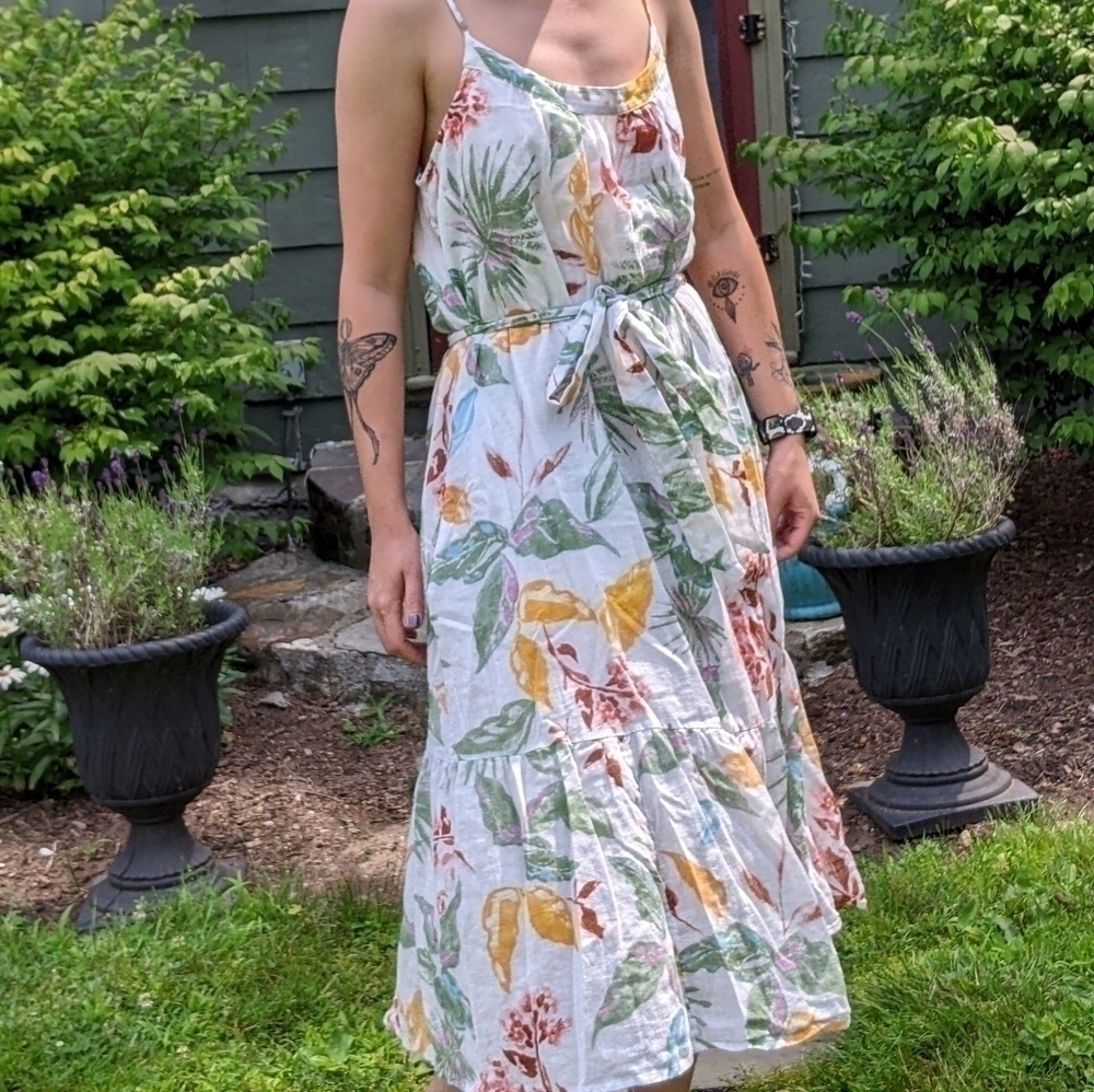 𝅺gap Floral Linen/Cotton Blend Spring Summer Dress Large Tropical Print Dress